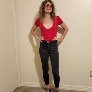 𝅺privacy Please Red Low Cut Bodysuit -> Privacy Please Red Low Cut Bodysuit